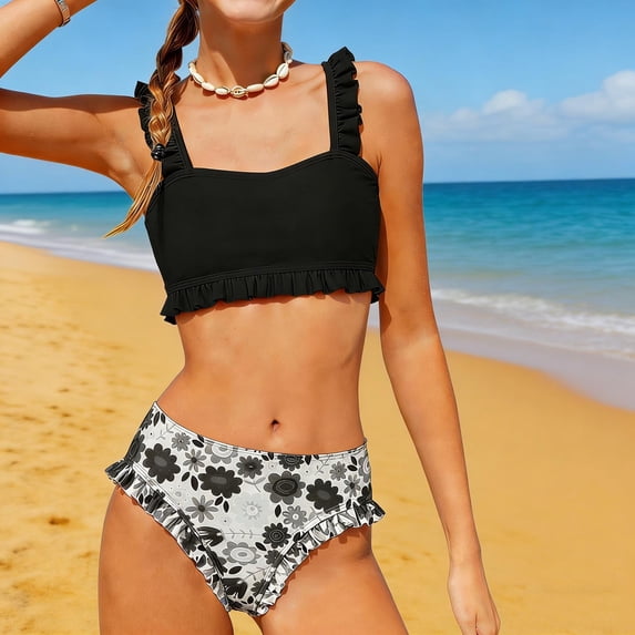 Babcutegg Girls Floral Print Two-Piece Swimsuit Set – Lightweight Summer Beach Swimwear with Matching Top and Bottom for Warm Weather Activities Black Size 14/15