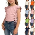 thumbnail image 1 of Babcutegg Girls’ Flying Sleeve Top – Summer Solid Color Round Neck T-Shirt with Side Drawstring Detail, Lightweight Casual Wear in Vibrant Dopamine-Inspired Hues Green Size 5-6, 1 of 9