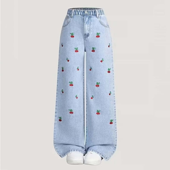 Babcutegg Girls' High-Waisted Flared Denim Pants Soft Stretch Cotton Blend Full-Length Straight-Leg Jeans with Elastic Waist and Casual Chic Design Blue Size 12-13