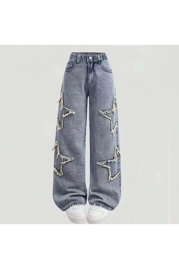 Girls' High-Waisted Flared Denim Pants Soft Stretch Cotton Blend Full-Length Straight-Leg Jeans with Elastic Waist and Casual Comfort Fit Blue Size 8-9