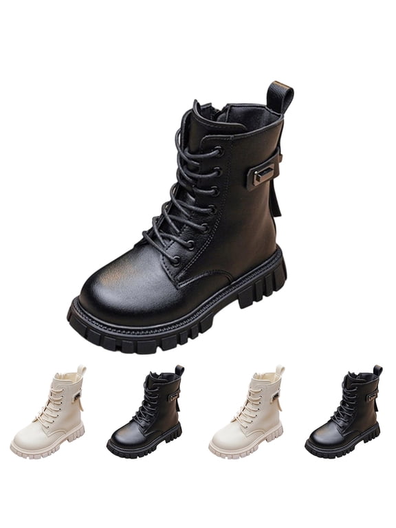 Girls Leather Mid Calf Boots Lace Up Low Heel Non Slip Fall Winter Fashion Princess Boots Black Size 5Y Big Kid