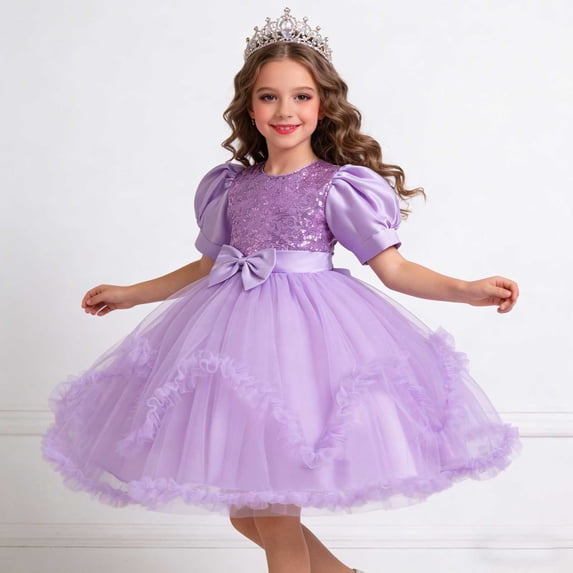 Babcutegg Girls’ Lightweight Summer Dress With Mesh Ruffle Sleeves, Sparkle Accents, Bow Detail And Flowy Silhouette Purple Size 7