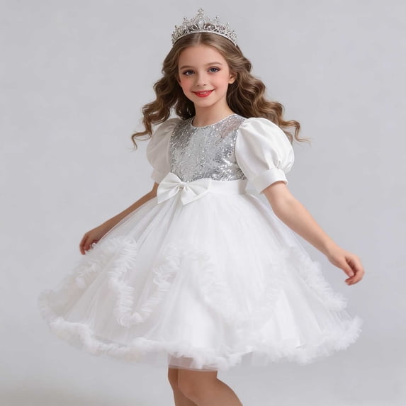 Babcutegg Girls’ Lightweight Summer Dress With Mesh Ruffle Sleeves, Sparkle Accents, Bow Detail And Flowy Silhouette White Size 3T