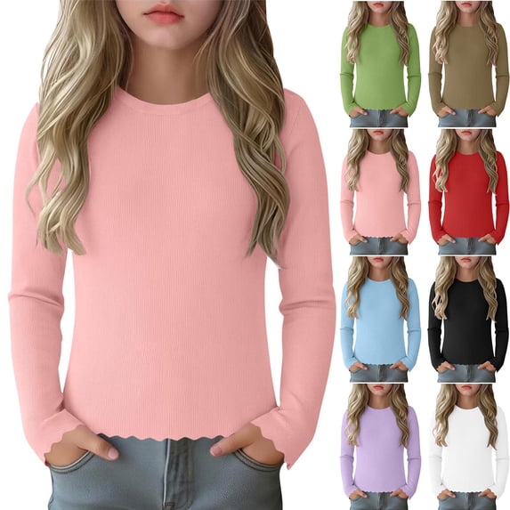Babcutegg Girls Long Sleeve Solid Crew Neck Blouse – Textured Ribbed Casual Dressy Top with Rolled Hem and Classic Round Neck Design Green Size 11-12