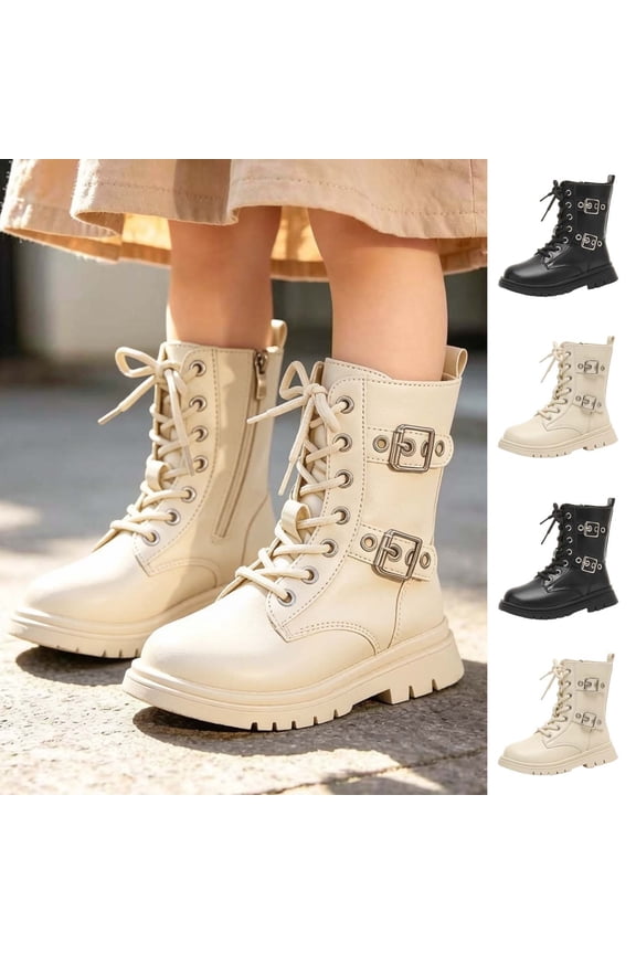 Girls Mid Calf Boots Lace Up Side Zipper Thick Sole Double Buckle Leather Martin Boots Black Size 3 Little Kid