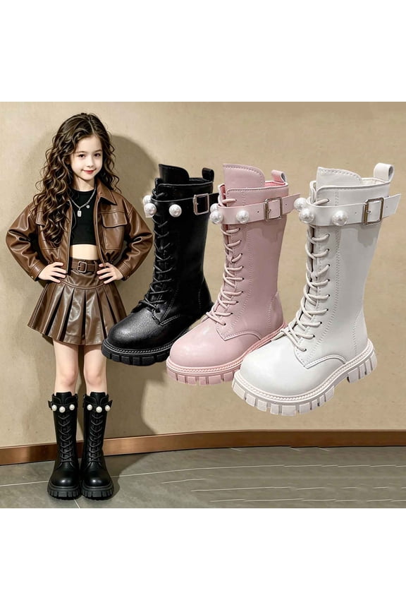 Girls Mid Calf Boots Lace Up Solid Color Pearl Leather Round Toe Fall Winter Fashion Comfy Boots Black Size 12.5 Little Kid