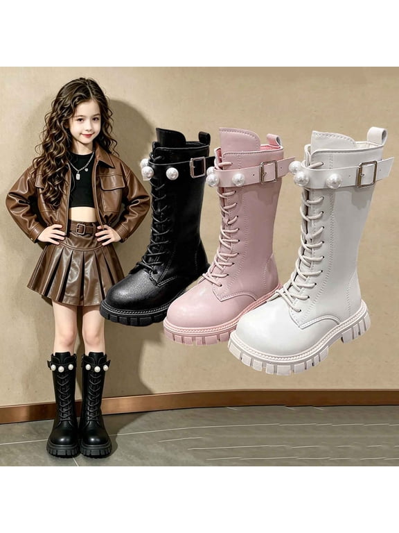 Girls Mid Calf Boots Lace Up Solid Color Pearl Leather Round Toe Fall Winter Fashion Comfy Boots Black Size 4.5Y Big Kid