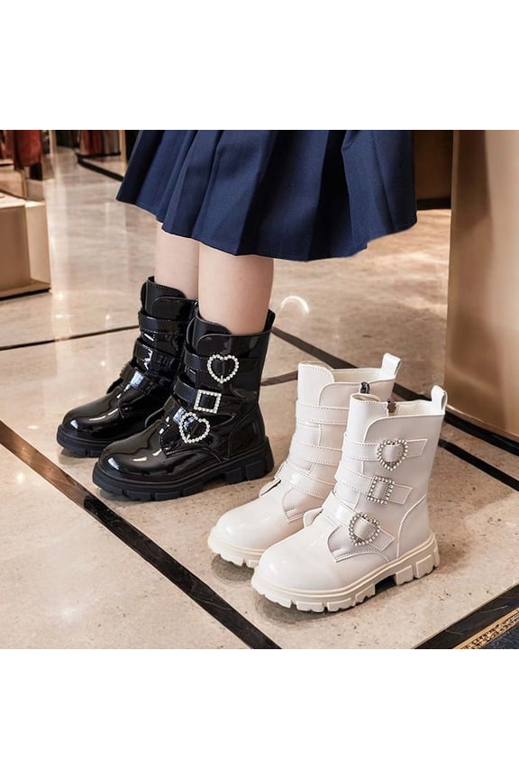 Girls Mid Calf Leather Boots Fall Winter Round Toe Thick Sole Side Zipper Buckle Martin Boots Beige Size 2 Little Kid