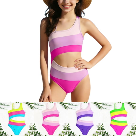Babcutegg Girls One Piece Swimsuits Cutout Shirts and Bottom Set Quick Dry Striped Summer Bathing Suit Green Size 12-13