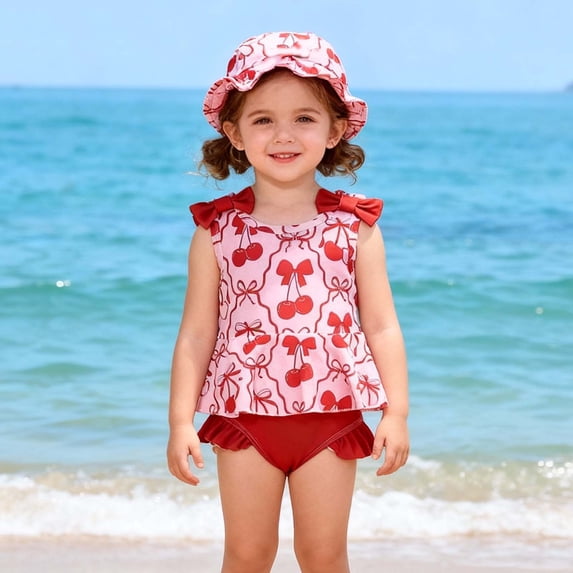 Babcutegg Girls Printed Split-Body Swimsuit Set – Matching Bikini Top, High-Waisted Bottom, and Wide-Brimmed Sun Hat for Summer Beach & Pool Wear Red Size 2T
