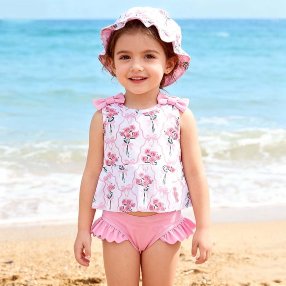 Babcutegg Girls Printed Split-Body Swimsuit Set with Matching Hat – Lightweight Summer Swimwear Ensemble for Warm Weather Activities Pink Size 2T