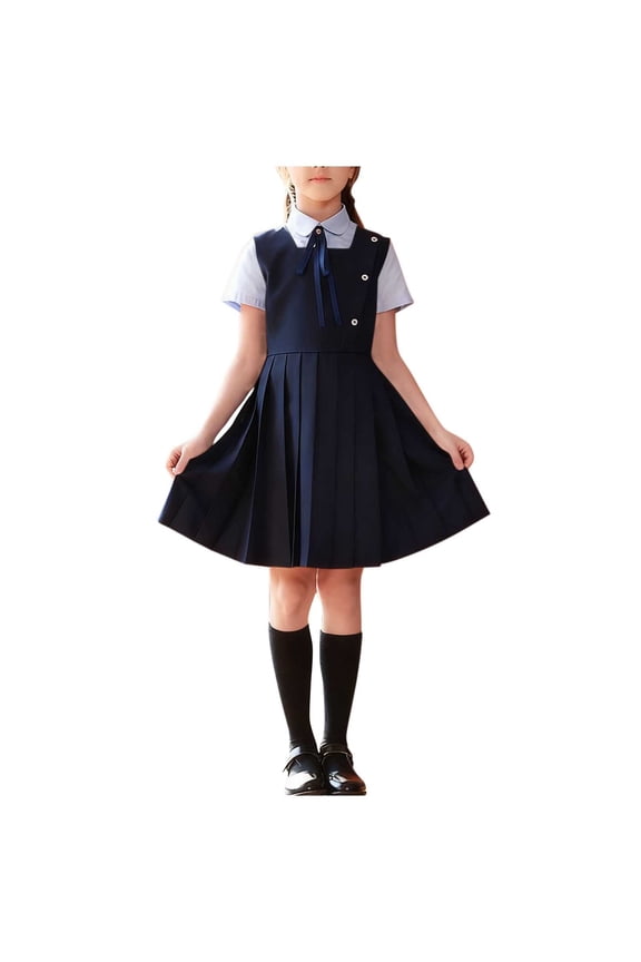 Girls School Uniform Set Campus Style Shirts&Dress&Necktie Set Pleated Skirts Elastic Waist Short Sleeve Back to School Wear Navy Size 11-12