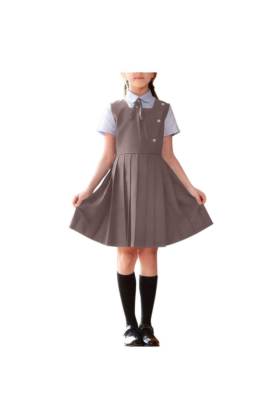 Girls School Uniform Set Campus Style Short Sleeve Elastic Waist Pleated Skirts Shirts&Dress&Necktie Set Back to School Wear Gray Size 14-15