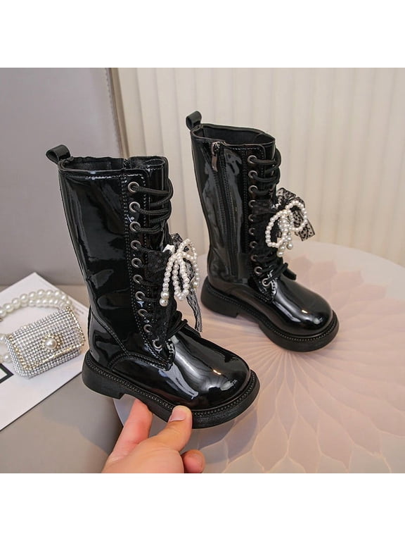 Girls Shiny Knee High Leather Boots Side Zipper Bow Knot Princess Style Chunky Heel Long Boots Black Size 3Y Big Kid