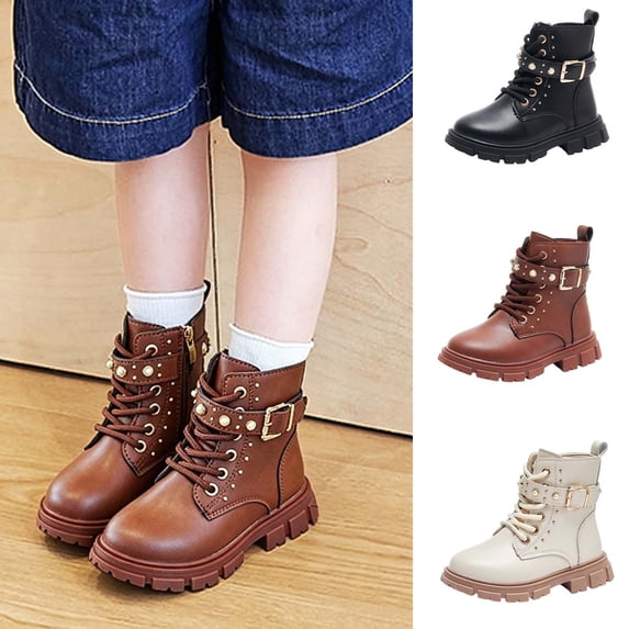 Babcutegg Girls Short Leather Boots Lace Up Adjustable Strap Low Heel Round Toe Shoes Fall Winter Casual Martin Boots Brown Size 11.5 Little Kid