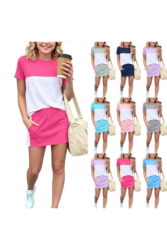 Girls Short Sleeve Round Neck T-Shirt and Matching Skirt Two-Piece Set – Lightweight Summer Casual Outfit with Solid Color Design Pink Size 13/14