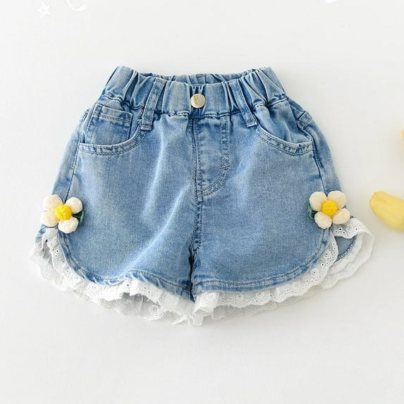 Babcutegg Girls Shorts, Short Jeans With Pockets Mid Waist Shorts for Child Blue 1 Tear