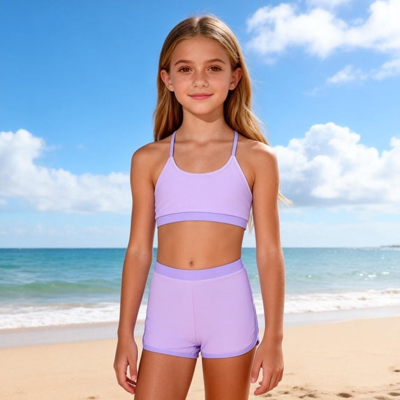 Babcutegg Girls Solid Color-Blocked Seaside Swimsuit Set with Adjustable Suspenders – Fashionable Tankini Top and Matching Boyshort Bottom, Quick-Dry UV Protection Swimwear Purple Size 10