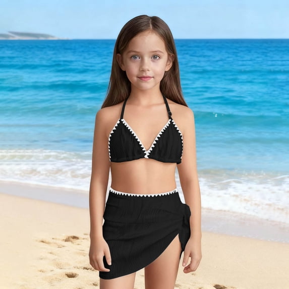 Babcutegg Girls Solid Color-Blocked Strapless Bikini Swimsuit Set with Sheer Mesh Skirt for Beach, Pool, and Summer Vacation Styling Black Size 11