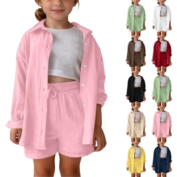 Babcutegg Girls Solid Color Long Sleeve Button-Up Shirt with Matching Shorts Set – Soft Casual Two-Piece Outfit Featuring Pocket Detail and Comfort Fit Wine Size 11