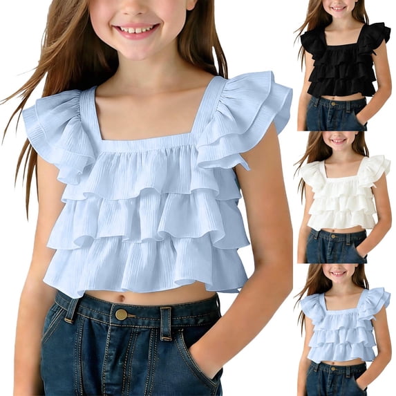 Babcutegg Girls Solid Color Short Sleeve Round Neck T-Shirt – Lightweight Spring Summer Top with Ruffled Trim, Breathable Fabric and Casual Fit Black Size 4-5