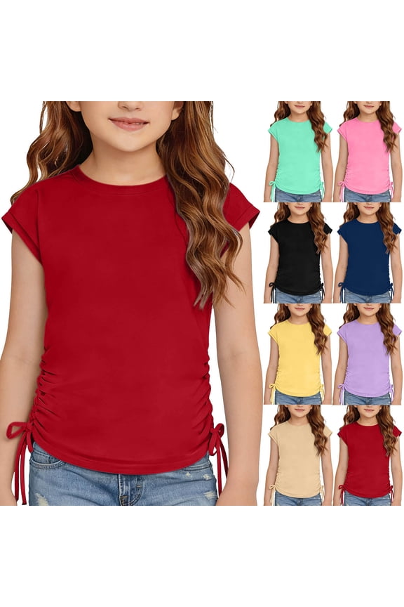Girls Solid Color Short Sleeve Top – Soft Casual Shirt with Side Gathered Ruffle Detail and Adjustable Drawstring Waist Navy Size 10