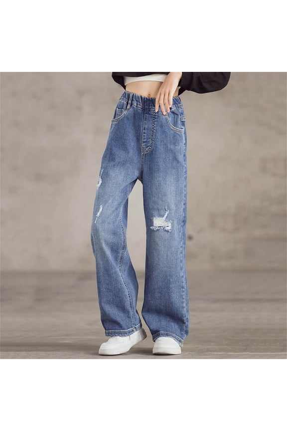Girls' Spring Fall Straight-Leg Denim Pants Elastic Waist Loose Fit Wide-Leg Cotton Blend Jeans with Comfort Stretch and Slanted Pockets Blue Size 7-8