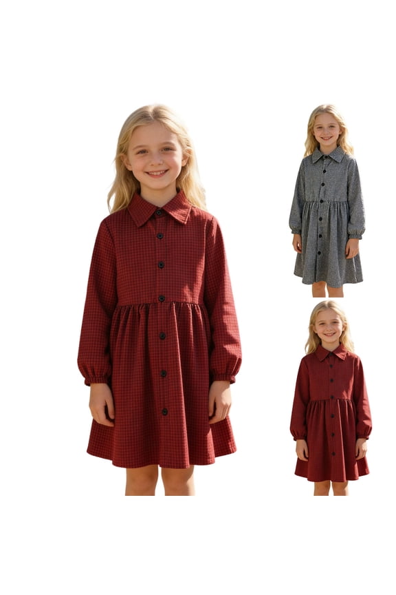 Girls' Spring Plaid Dress with Turn-Down Collar Long-Sleeve Comfort-Fit A-Line Cotton Blend Shift Dress for Everyday Wear Black Size 8