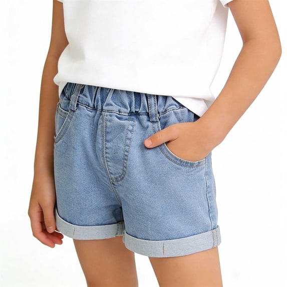 Babcutegg Girls' Summer Denim Shorts, Casual Rolled-Hem Kids Outdoor Shorts for Ages 2-13, Soft & Comfortable Blue Size 12