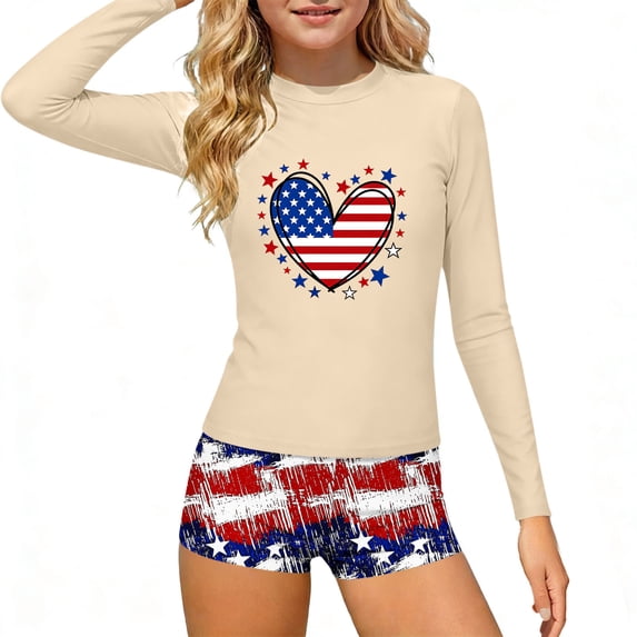 Babcutegg Girls'Summer Independence Day Printed Beach Set – Long Sleeve Rash Guard Top & Matching Swim Shorts, Seaside Vacation Two-Piece Swimwear for Warm Weather Multicolor Size 7/8