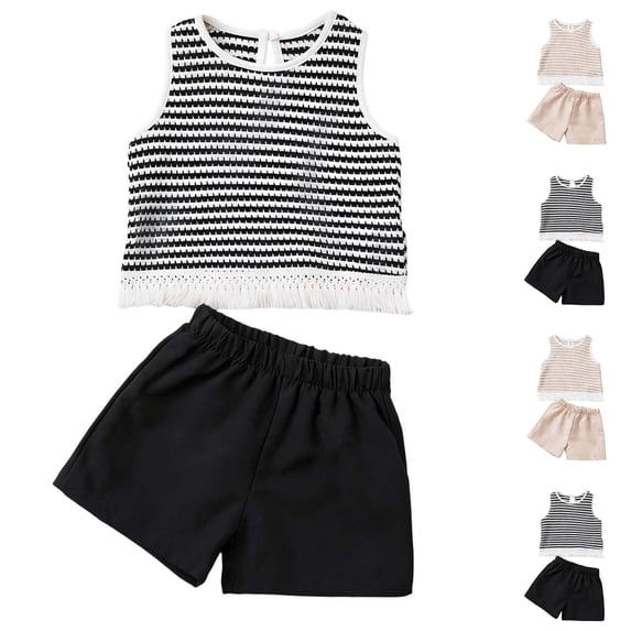 Babcutegg Girls Summer Outfit Set – Solid Color Short Sleeve Round Neck Blouse with Striped Fringe Vest & Black Shorts for Toddlers and Kids Khaki Size 3-4
