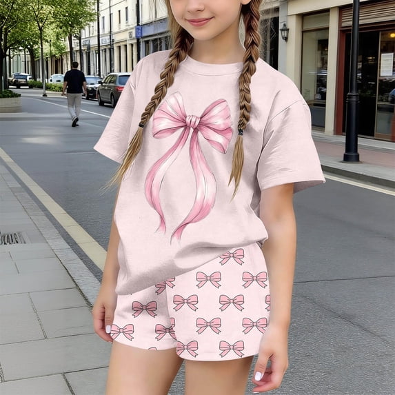 Babcutegg Girls Summer Printed Two-Piece Outfit – Short Sleeve Round Neck Top with Elastic Waist Shorts for Casual and Playful Everyday Wear Pink Size 11-12