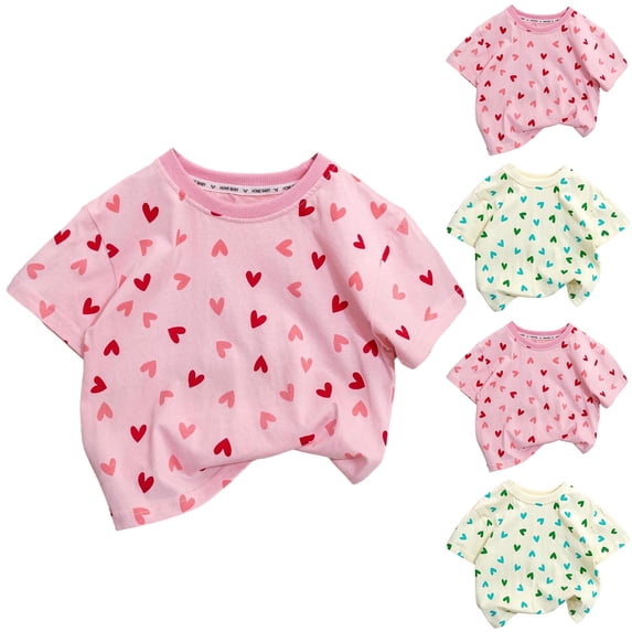 Babcutegg Girls Summer T-Shirt – Heart Print Short Sleeve Top, Soft Cotton Loose Fit Casual Tee for Toddlers and Kids Pink Size 1-2