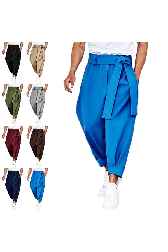 Harem Pants for Men Baggy Fit Elastic Waist with Pockets Fashion Casual Tapered Pants Blue Size M