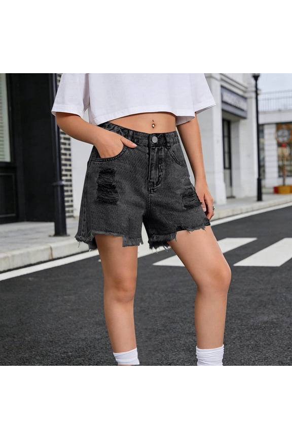 High-Waisted Distressed Denim Shorts for Girls – Water-Washed Snowflake Texture, Raw Hem, and Artisanal Pocket Holes for Trendy Casual Style Black Size 120
