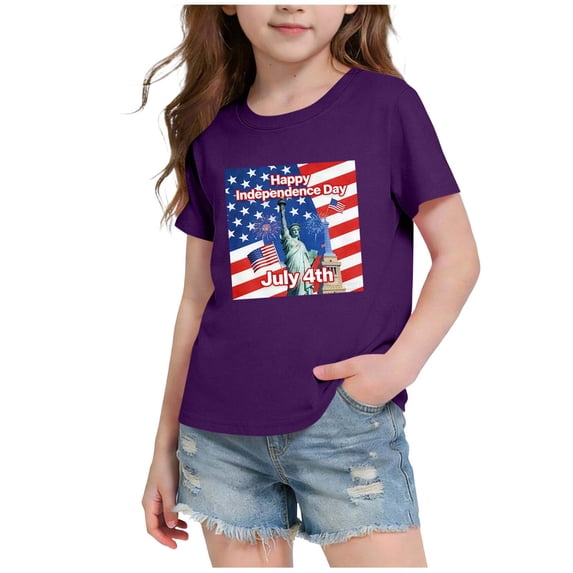 Babcutegg Independence Day Themed Casual Loose-Fit Tee With Patriotic Graphic, Breathable Cotton Blend, Round Neck And Short Sleeves For Kids Purple Size 11