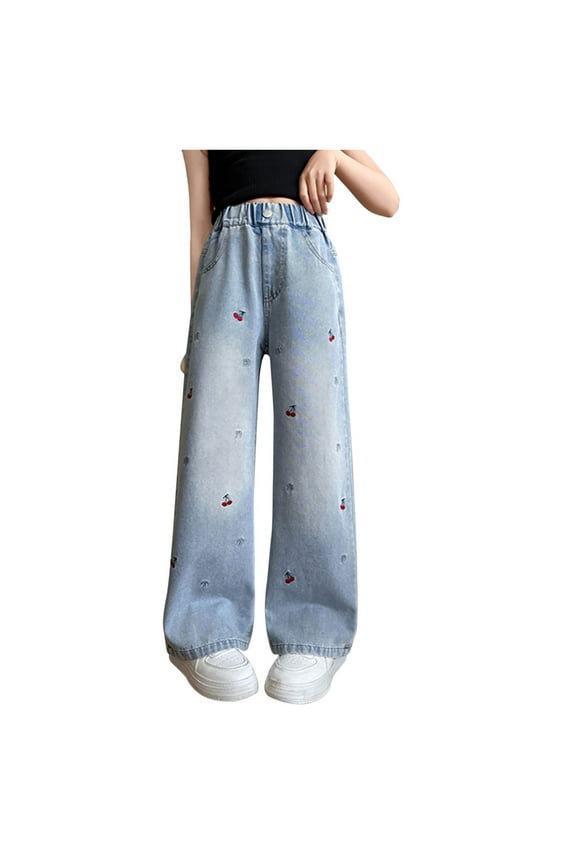 Jeans for Kid Girls Side Pockets Wide Leg Full Length Denim Pants for Girls Blue Size 5