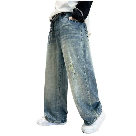 Babcutegg Jeans for Teen Girls Comfortable Loose Fit Wide Leg Side Pocket Girls Fall and Winter Pants Blue Size 14
