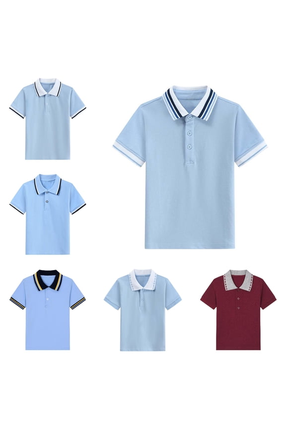 Kid Boys and Girls Polo Shirts Casual Fashion Trundown Neck Regular Fit Color Blocking Campus Style Spring and Summer School Uniform for Kids Blue Size 14-15