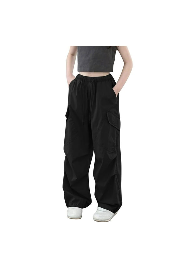 Kid Girls Cargo Pants Side Pockets High Waist Regular Fit Clothes for Girls Black