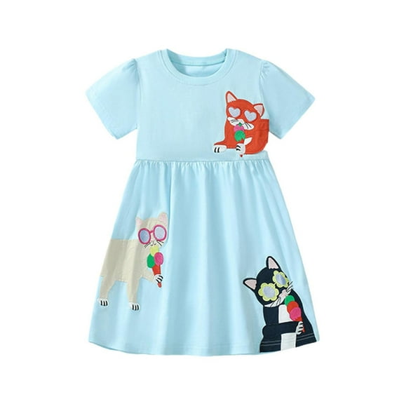 Babcutegg Kid Girls Dresses, 100% cotton Floral Print Crew Neck Dresses for Kids Blue 5 T