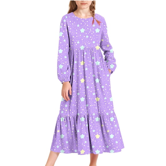 Babcutegg Kid Girls Dresses Graphic Pattern Long Sleeve Comfortable Knee Length Valentine's Day Fall and Spring Clothes for Girls Purple Size 14-15