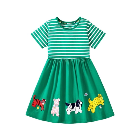 Babcutegg Kid Girls Dresses, Graphic Pattern Short Sleeve 100% cotton Dress for Kid Girls Green 2 T