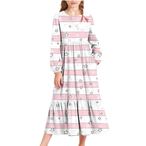 Babcutegg Kid Girls Dresses Lightweight Casual Fashion Graphic Pattern A Line Comfortable Fall and Spring Dresses for Girls Pink Size 6-7