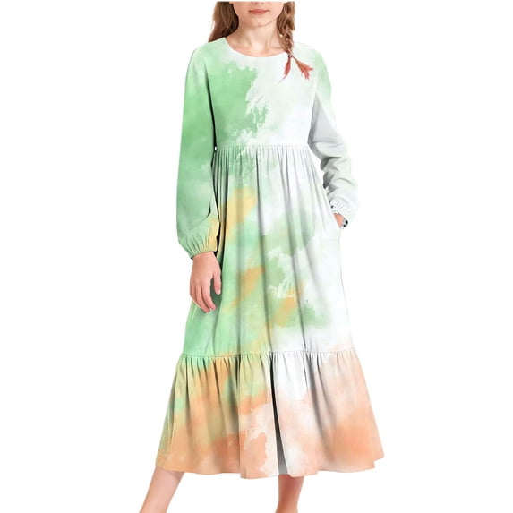 Babcutegg Kid Girls Dresses Valentine's Day Long Sleeve Side Pockets Knee Length A Line Fall and Spring Clothes for Girls Green Size 6-7