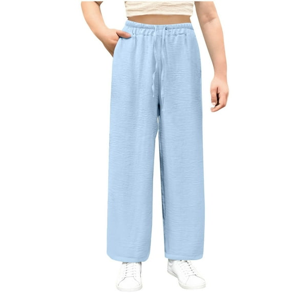 Babcutegg Kid Girls Pants Side Pockets Elastic Waist Full Length School Uniform for Kids Light Blue Size 5