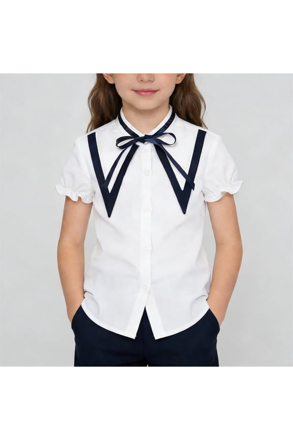Kid Girls School Uniform Pullover Basic Shirts Short Sleeve Campus Style Pullover Summer Clothes for Girls White Size 2-3