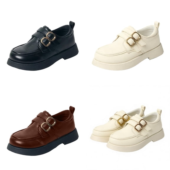 Babcutegg Kid Girls Shoes Back to School Wear Round Head Soft Flat Leather Boots Flat Bottom School Uniform Shoes for Girls Black Size 4-4.5