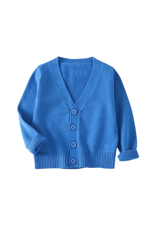 Kid Girls Sweaters V Neck with Button Soild Color Girls Clothes Blue