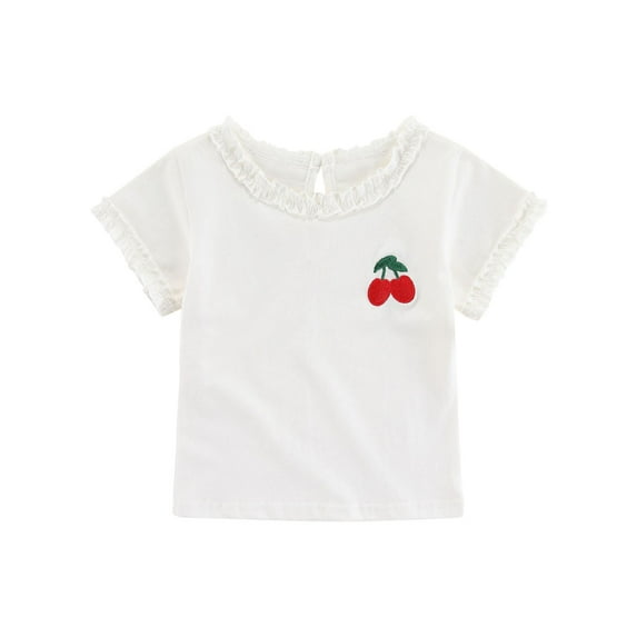 Babcutegg Kid Girls Top Solid Color with Cute Print Crew Neck With Botton Short Sleeved Childrens Shirt for 6 Mouth - 5 Years White Size 2 Years